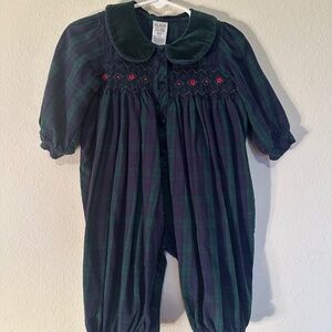 Class Club Baby corduroy, smocked romper with velvet Peter Pan collar